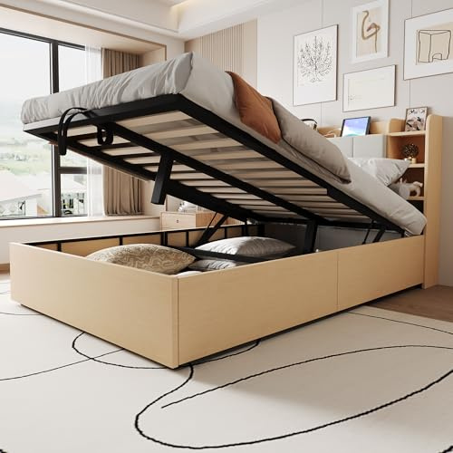 Arhatreya Holzbett 140x200 cm, Hydraulisches Bett mit USB- und Tape-C-Steckdose, Einzelbett mit Stauraum, Kopfteil mit Stauraum, Jugendbett für Schlafzimmer (Ohne Matratze) Holzfarbe