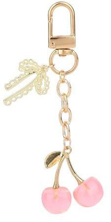 lasuroa Cherry Keychain, Gold Key Ring Chain with Bow Pendant Aesthetic Cute Cherry Charm Keyring Accessories for Bags, Wallets Purses Car Keys Chain (Gold, Transparent Pink)