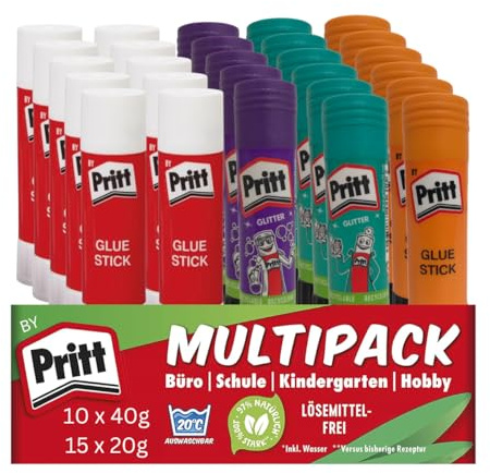 Pritt Klebestift – Kinderfreundlicher & langlebiger Bastelkleber mit 97% natürlichen Inhaltsstoffen, starke Haftung, saubere Anwendung ohne Wellen, ideal für Schule, Büro (10 x 40g 15 x 20g)