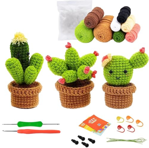 GUXLXAR Häkelset für Anfänger, Häkelnadel Set,3 Cactus Häkeln Für Anfänger Komplett Stricken,Häkel-Starterset Fleshiness, DIY Set mit Häkelnadeln, Garn, Füllung, Handnähnadel, Stichmarkern, Anleitung