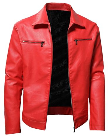 Generic 2025 Men's Winter Solid Color Padded Leather Jacket Warm Coat Stand-Up Collar Long Sleeve Double Zipper Pocket Fashionable Jacket Colorful Men's, red, L