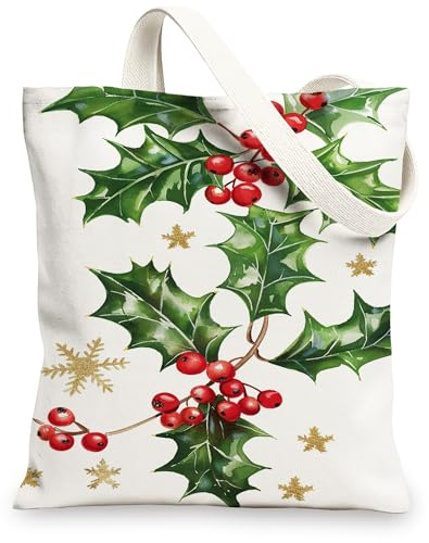 Holly Canvas Tote Bags, Holiday Berry Pattern Reusable Grocery Bags, Elegant Cotton Lightweight Washable Shoulder Strap for