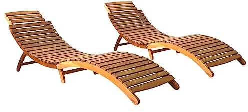 QUAHEAS Lot de 2 chaises longues pliables en bois d'acacia massif, 184 x 55 x 64 cm, pour jardin, terrasse, piscine, imperméables, durables, structure en bois naturel