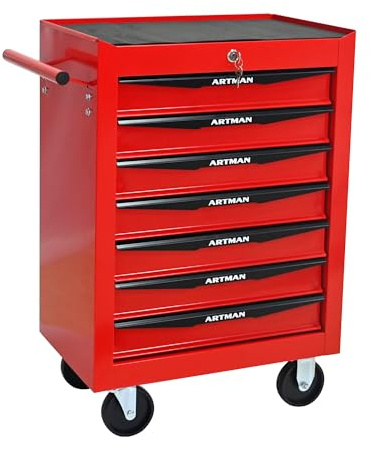 Thetilsy Rolling Tool Chest Cart with 7 Drawers,Storage Tool Cabinet on 4 Wheels. Lockable Tool Cart with Drawer Liners.Steel Tool Box Organizer for Garage,Repair Workshop-Red
