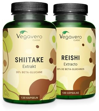 Vegavero Pack Dúo: Reishi 14:1 + Shiitake 14:1 | Extractos Estandarizados con 40% Polisacáridos + Beta-Glucanos | Testados en Laboratorio 40% Polisacáridos + Beta-Glucanos | Vegano y Sin Aditivos