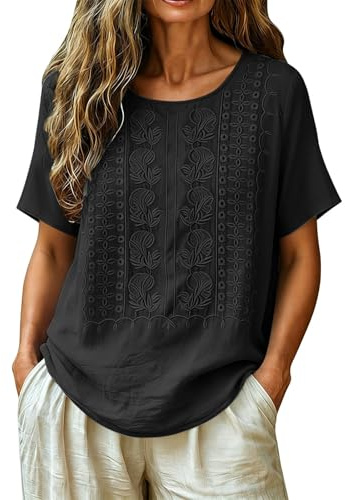 Generico Maglietta Donna Cotone con Ricamo Nero Blusa a Maniche Corte con Scollatura Rotonda Comoda e Traspirante per Uso Quotidiano Lavoro Vacanze Tagile XL