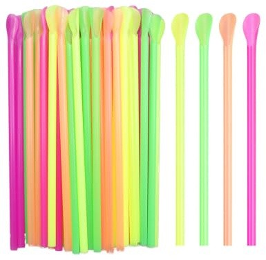 YIPFEN 100 Pajitas de Plástico con Cuchara Reutilizables, Pajitas de Cuchara 6mm x 20cm, Colores Neón Mixtos para Granizados, Smoothies Espesos y Batidos, Ideal Fiestas