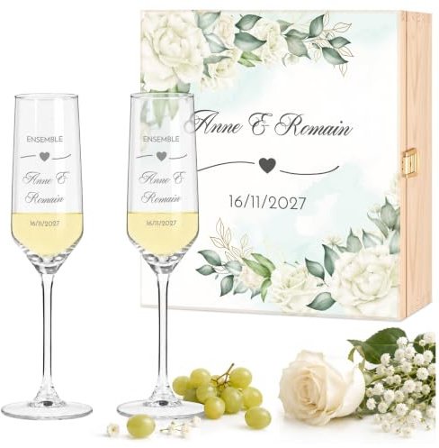 Maverton Flûtes à Champagne 200ml avec Boite Personnalisable | 2X Flute Champagne Verre Personnalisé avec Coffret en bois, Cadeau Couple Personnalisé, Cadeau Mariage Original, style bohème