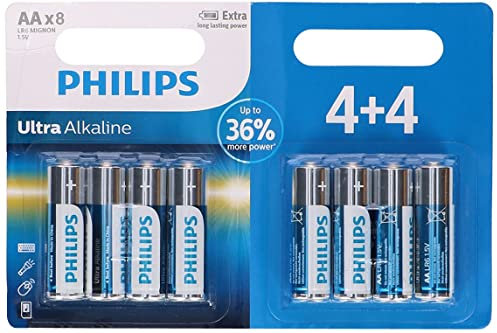 Philips 4 Plus 4 AA Ultra Alkaline Batteries - Household Battery 8 Pack - Long Lasting Disposable Double A Batteries