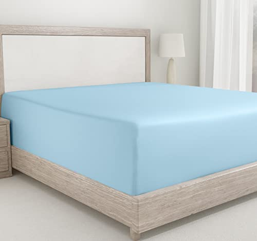 Super King Size Fitted Sheets, Soft 100% Cotton 400 TC Sateen, 180x200+30cm Bed Sheet with Deep Pocket Elasticated for Snug Fit, Durable (Sky Blue Colour)
