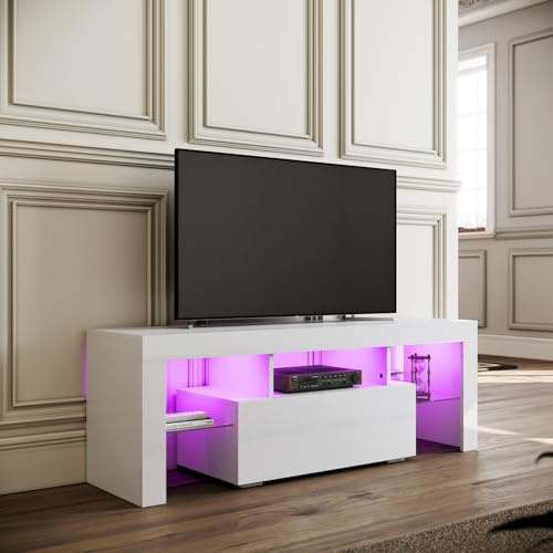 SIRHONA Meuble TV LED Blanc, Banc TV 130x35x45cm, Éclairage LED RGB avec Couleur réglable, Capacité de Charge 40 kg, Convient pour Salon ou Chambre
