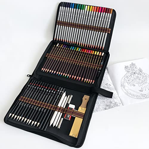 72 Buntstifte Bleistift Set mit zeichen set professionell in Premium Black Zipper Case,Enthält Zeichenstift Skizzierstifte Graphitstift Kohlestifte für Kinder Erwachsene Künstler