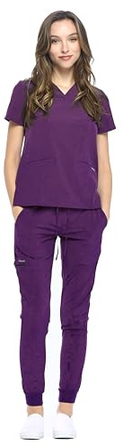Dagacci Medical Uniform® Jogger Scrubs for Women Set – V-Neck Scrub Top & Elastic Jogger Scrub Pants for Women 8 Pockets Egg Plant XS