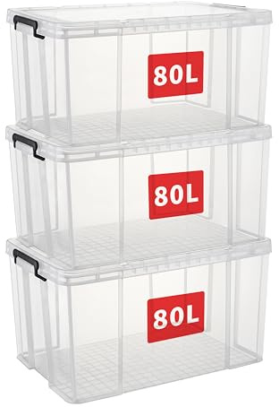 Cetomo 80L*3 Boîtes de rangement, boîte empilable avec couvercles, contenant robuste avec coins renforcés, côtés verticaux et verrouillage à pression, durable, en plastique, transparent,80L - lot de 3