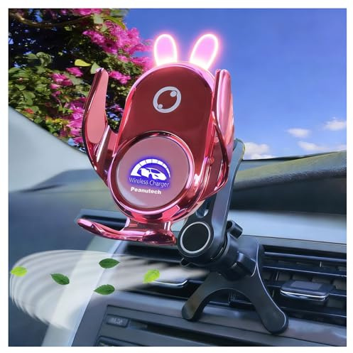 Peanutech Car Phone Holder Mount Wireless Charging Auto Clamping Rotatable Vent Clip Cute Pink Rabbit Woman for iPhone 14 13 12 11 10 Pro Xs Samsung Galaxy s22 Ultra S21 S20 S10+ S9+ Note 9 etc …