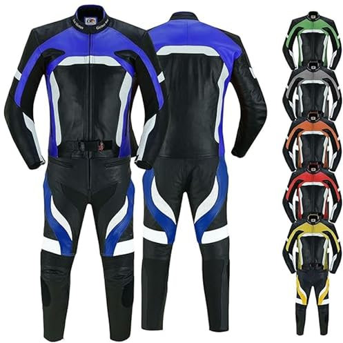 German Wear Motorradkombi Herren 2-teiler Biker Lederkombi aus Kalbsleder - mit alle Protektoren, abmehmbar & waschbar Thermofutter, Verstellbarer Taillengürtel und Reißverschluss-Taschen Blau - 54