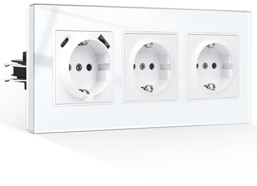 CNBINGO USB Steckdose Unterputz mit Krallen, 1x Typ AC, 3-Fach Weiß Glas | Schuko Dreifachsteckdose mit USB-A und Typ-C, Max.2,1 Amp, Schutzkontakt Wandsteckdose mit Kindersicherung, Glasrahmen