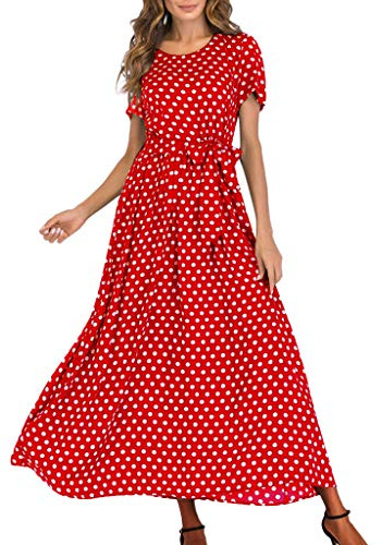 Maxi Dresses for Women UK Sale Clearance Polka Dot Short Sleeve Summer Dresses with Belt Evening Party Holiday Elegant Ladies Wedding Guest Dress Beach Boho Hawaiian Dress Sundress Long Dresses