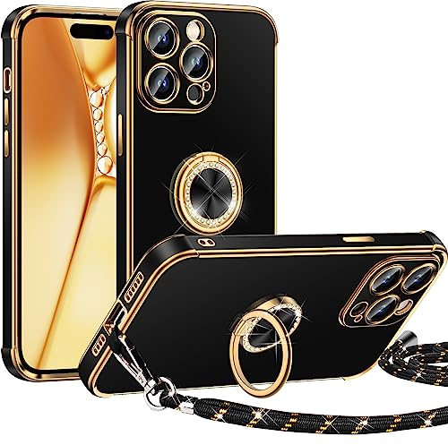 Miss Arts für iPhone 15 Pro Hülle mit Band, Ring Ständer Handyhülle Frauen Mädchen Dünn Stoßfeste Schutzhülle für iPhone 15 Pro Case Schwarz