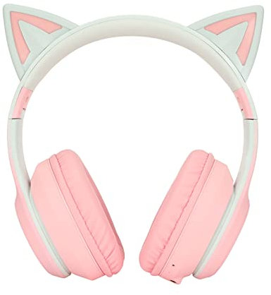 RGB-Katzenohr-Kopfhörer, Bluetooth-Gaming-Kopfhörer, Kabellos, Faltbar, Katzenkopfhörer, Musik-Headset mit LED-Licht, Abnehmbarem Mikrofon, 3,5-mm-Kabel, Lila Lichter, (Rosa)