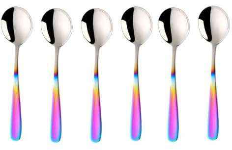 SBOMHS Esslöffel Müslilöffel 18/10 Edelstahl Suppenlöffel 6-stück Menülöffel länge 17,5CM Breit 4,5CM Tafellöffel Suppentassenlöffel für Porridge Dessertlöffel Soup Spoons (Farbverlauf Regenbogen)