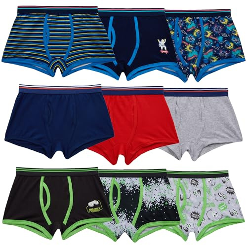 Style It Up 9 Pairs Kids Boys Printed Trunks Comfortable Childrens 100% Cotton Underwear (Navy-Grey-Green, 7-8)