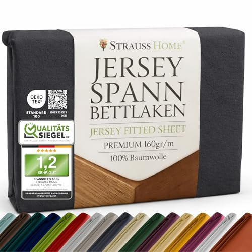 Strauss Home Premium Spannbettlaken Jersey 180x220-200x220 cm - 160 g/m² 100% gekämmte Baumwolle, 40 cm Steg, Oeko-TEX - für Boxspringbett & Wasserbett -