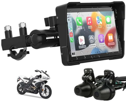portatile wireless Carplay e schermo Android Auto per moto con fotocamera anteriore e posteriore, monitor touch screen da 5 IP66 impermeabile per autoradio per GPS con doppio Bluetooth per moto