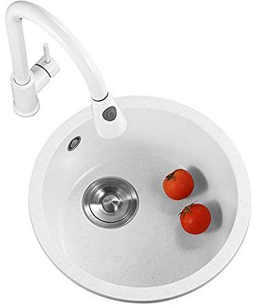 MYVVKIA Lavello da Cucina Lavello Rotondo a Vasca Singola per Uso Domestico, Rubinetto Estraibile per Lavello Incorporato in Pietra di Quarzo ad Alta densità con Set di Drenaggi