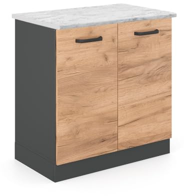 Vicco Meuble Bas sous-évier R-Line, Chêne doré, 80cm | 2 Portes · Plan de travail incl. · Pieds réglables en hauteur · Grand espace intérieur ✓ · Librement combinable