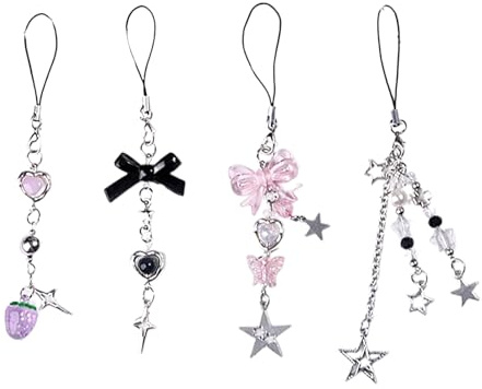 NIHENHAO 4 Stück Stilvolle Handy-Anhänger Coole Karte Kette Telefon Charm Set Sweet Bag Anhänger Coole Telefonkette Geeignet für Tasche Telefon