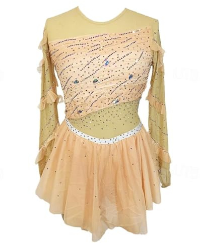 YDHTIZ Damen Eiskunstlauf Wettkampfbekleidung Professionelles Eislaufkleid Für Mädchen Modische Gymnastik Tanzkostüme Champagnerfarbene Dehnbare Trainings Skating Bekleidung Lange Ärmel,Champagne,XXXL