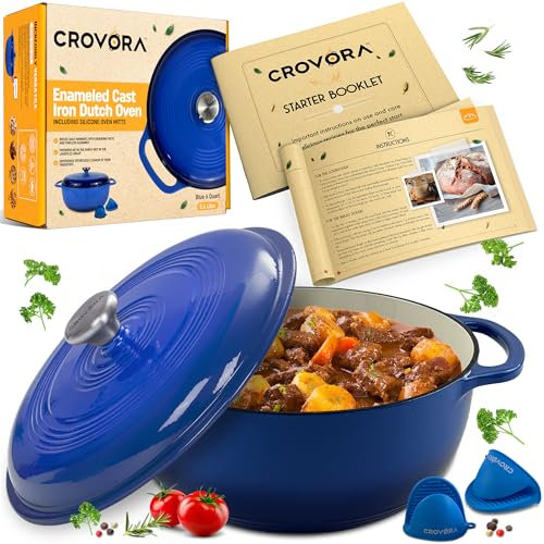 Crovora Pentola da forno olandese in ghisa smaltata da 6 litri con coperchio (blu)