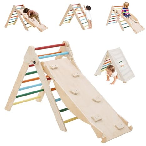Kletterdreieck Indoor ab 1 Jahr - 3 IN 1 Montessori Holz-Klettergerüst mit Rutsche, Klettern & Zeltdach, Faltbares Stabiles Baby-Kletterspielzeug