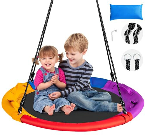 RELAX4LIFE Altalena a Nido, Altezza Regolabile e 8 Modalità di Illuminazione, Altalena Rotonda per Uso Interno ed Esterno, Ø 100 cm, Portata 150 kg