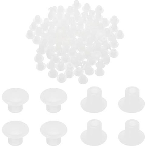 sourcing map 100pcs Plastic Hole Plugs, 5mm (3/16 Inch) Clear White Screw Caps Cover Snap in Locking Round Button Top Shelf Plugs for Cabinet Cupboard Bookcase License Plate Furniture