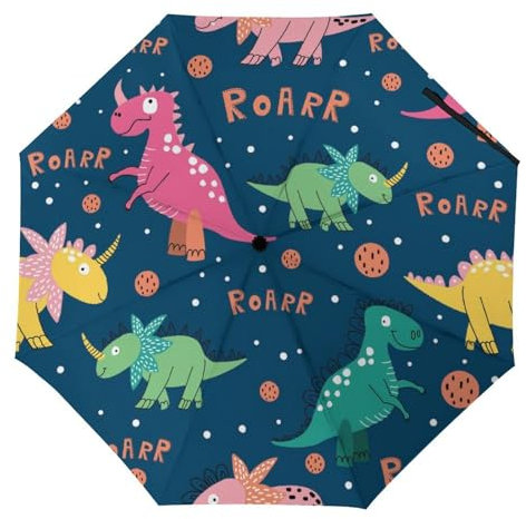 YBQLNP Automatischer Regenschirm Bunte Dinosaurier Taschenschirm Winddicht Sturmfest Für Herren Damen Teenager