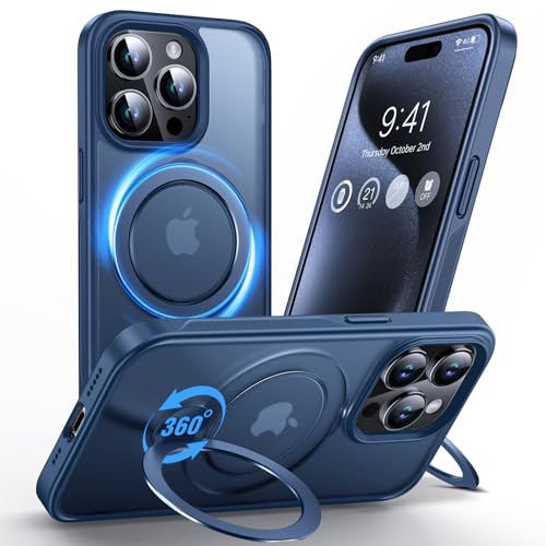 Anqrp 360° Custodia Monopezzo per iPhone 15 PRO, con Anello di Supporto Magnetico Girevole, Compatibile con MagSafe, Custodia Antiurto in Stile Militare Opaca per iPhone 15 PRO da 6,1 Pollici, Blu