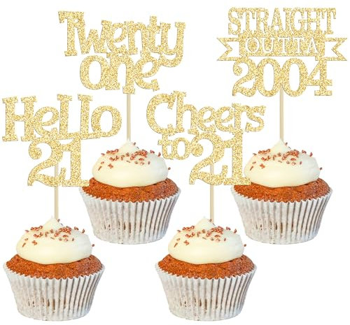 Ephlyn 24Pcs 21st Birthday Cupcake Toppers Glitter Straight Outta 2004 Cupcake Picks Hello 21 Cheers to 21 Years Cake Decorations for 21st Birthday Anniversary Party Decorations Supplies Gold