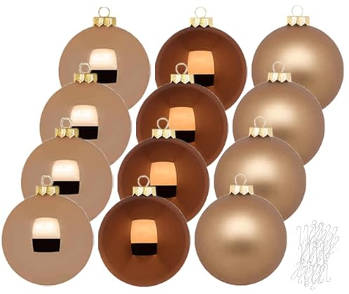 Inge Glas große Weihnachtskugeln mit Haken | Christbaumkugeln aus Glas | Set 12 Kugeln 8cm groß und 40 Aufhänger | Christbaumschmuck Weihnachtsbaumkugeln (Winter Toffee)