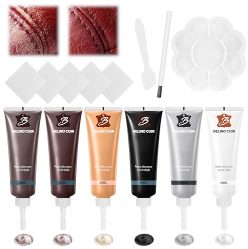Kit Riparazione Pelle, 6 Colori Crema di Riparazione,Balsamo Riparazione Pelle, Gel Riparatore per Liquida,per Divano, Giacca Seggiolino Auto, Cappotti Crack, Buchi, Usura