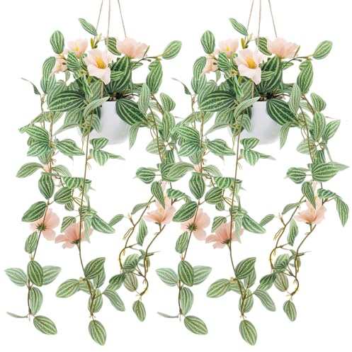 Kepfire Lot de 2 plantes artificielles à suspendre - Décoration artificielle simulant des plantes suspendues avec fleur de champagne, petites feuilles de lierre naturelles, verdure pour décoration de