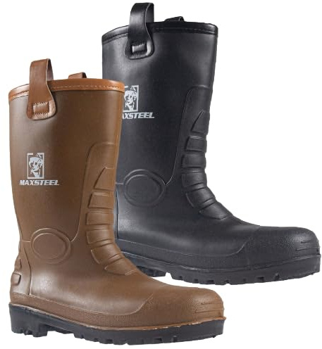 MENS WATERPROOF RIGGER BOOTS SAFETY WELLINGTONS WELLIES STEEL TOE CAP WORK THERMAL YARD DURABLE MIDSOLE (BLACK, UK Footwear Size System, Adult, Men, Numeric, Medium, 8)
