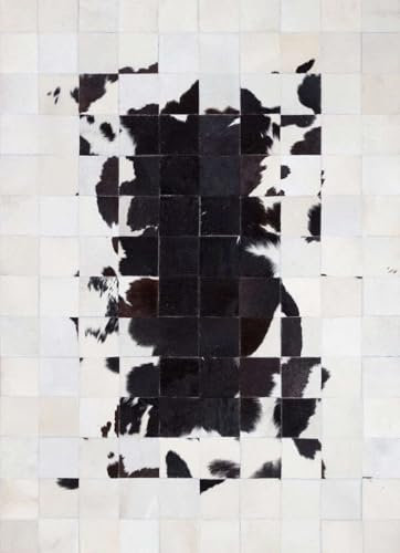 SN ALEFHOME Schwarz-Weiß Patchwork Kuhfell Teppich 120×180 cm – Moderner Kunstleder Teppich mit Naturfelloptik | Für Wohnzimmer, Schlafzimmer & Western Deko