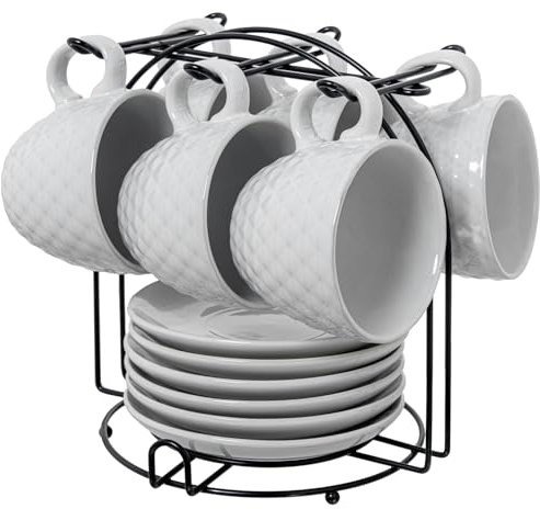 Set de 6 Tazas de Porcelana Blanca con Soporte de Metal Negro 9x8x9 cm