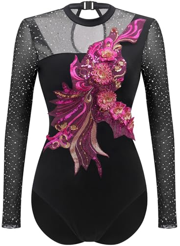 FYMNSI Damen Ballettanzug Langarm Tanz Body Eislaufen Bodysuit Gymnastikanzug Trikot Glänzender Strass Blumen Dekor Einteiler Turnanzug Leotards Tanztrikot Jumpsuit Ballettkleidung Rose L