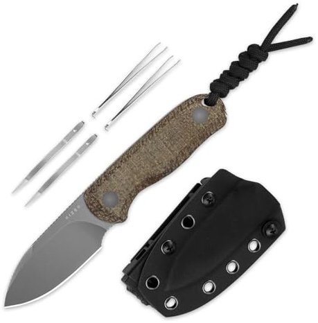 Kizer Drop Bear Fix Campingkniv, 6,52 cm 14C28N Blad EDC Fix Blade Kniv med Burlap Micarta Handtag, Full Tang Jaktknivar med Justerbar Kydex Slida, 1094A1 | 6,5 cm grått stonewash 14C28N blad med brunt Micarta-handtag av säckväv, jaktkniv med justerbar Kydex sköte