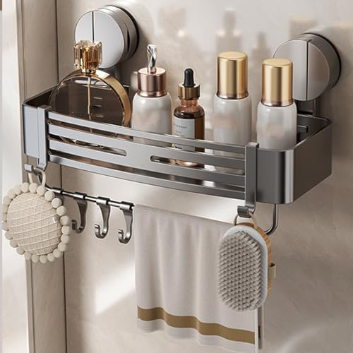 AXVRAV Saugnapf-Duschablage ohne Bohren, Badezimmer Organizer mit 6 Haken und Handtuchhalter, Badezimmer Regal, 10 kg Tragfähigkeit, Abnehmbare und rostfreie Halterung für Shampoo und Duschgel