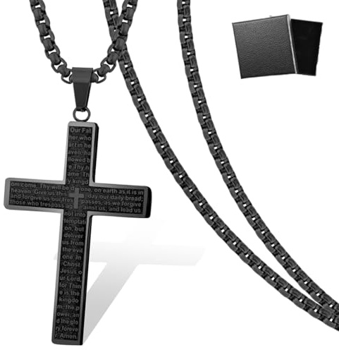Collar Con Cruz Para Hombre, Cruz Cristiana Para Hombre, Collar Con Cruz, Colgante Con Cruz Para Hombre, Collar Para Hombre, Colgante De Acero Inoxidable, Collar Con Cruz Negra Y Caja De Regalo Negra