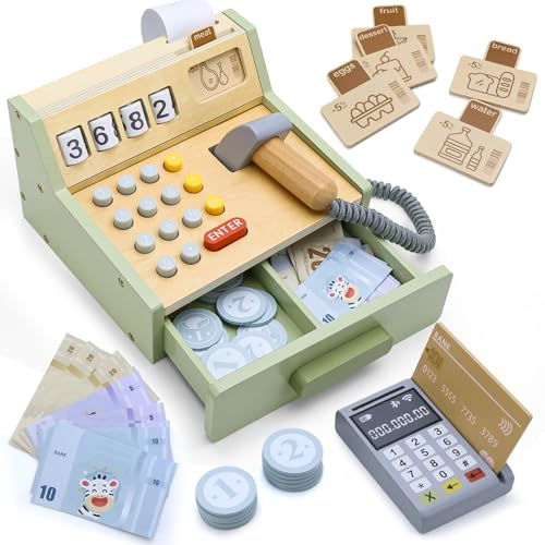 Negozio di cassa in legno con scanner, terminale di pagamento, denaro, accessorio per giochi di ruolo per bambini dai 3 anni (A)